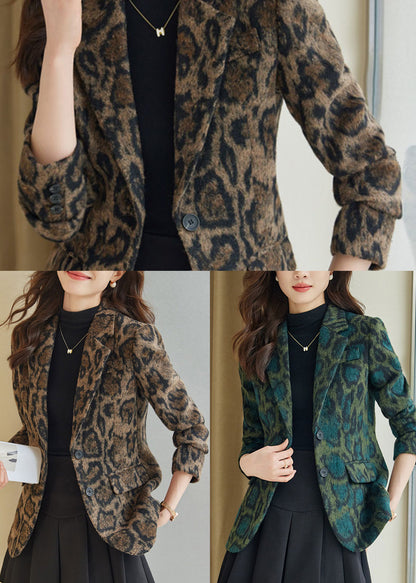 Green Leopard Print Woolen Coats Spring