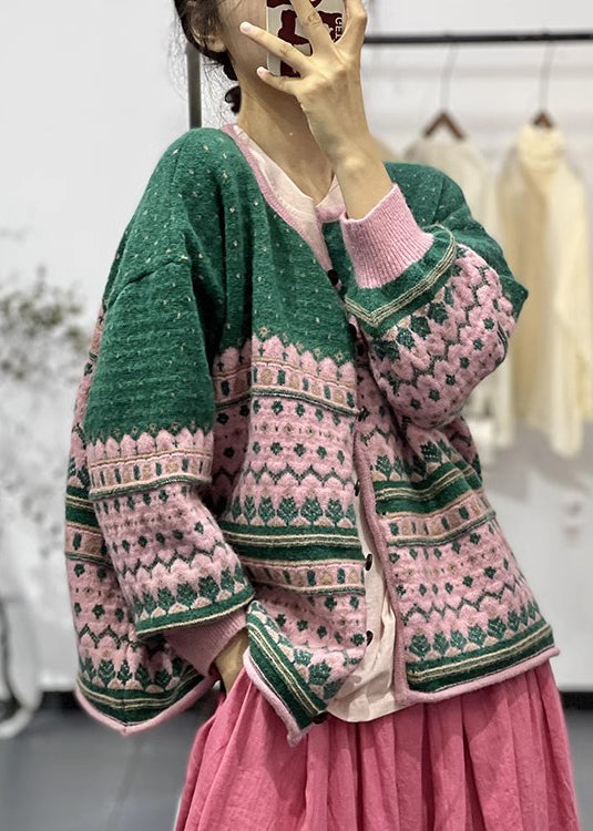 Green O Neck Embroidered Button Knit Cardigans Fall