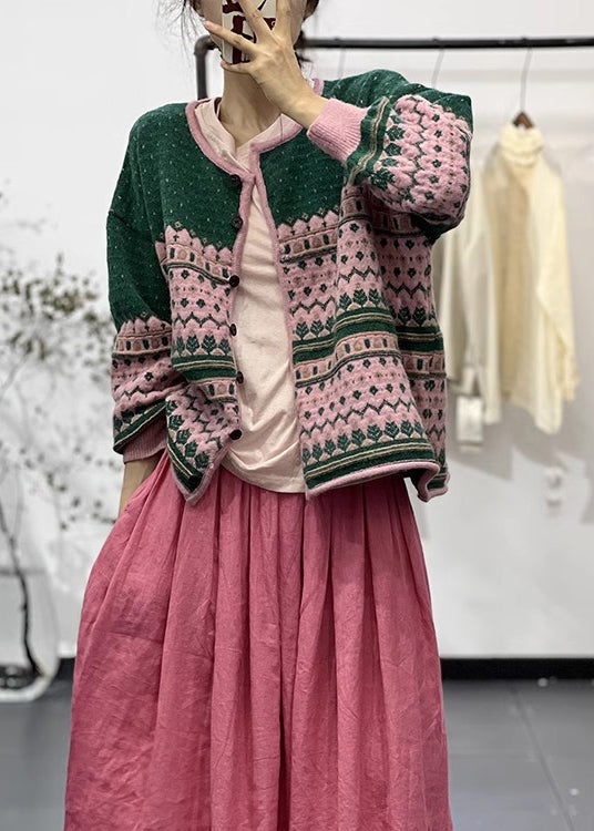 Green O Neck Embroidered Button Knit Cardigans Fall