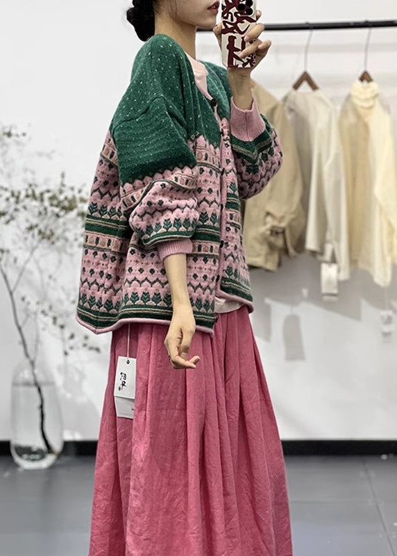 Green O Neck Embroidered Button Knit Cardigans Fall