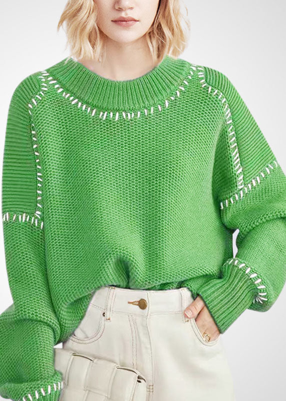 Green O-neck Oversized Thick Wool Short Sweater Winter