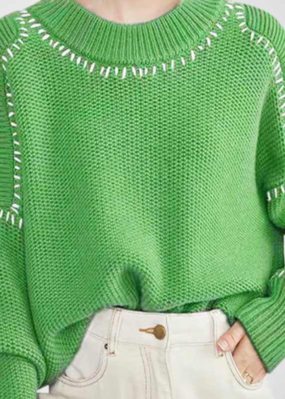 Green O-neck Oversized Thick Wool Short Sweater Winter