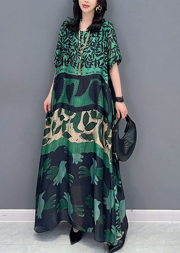 Black Texture O Neck Pockets Print Patchwork Silk Long Dresses Summer