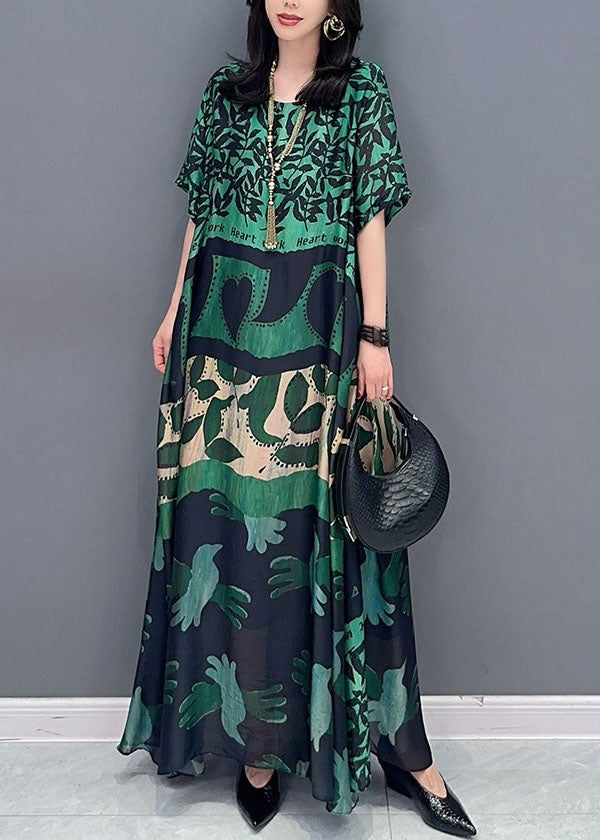 Black Cashew Nuts O Neck Pockets Print Patchwork Silk Long Dresses Summer