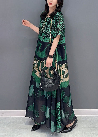 Brown Geometry O Neck Pockets Print Patchwork Silk Long Dresses Summer