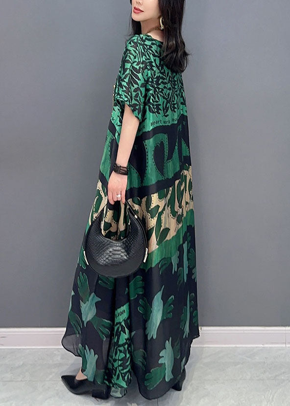 Black Cashew Nuts O Neck Pockets Print Patchwork Silk Long Dresses Summer