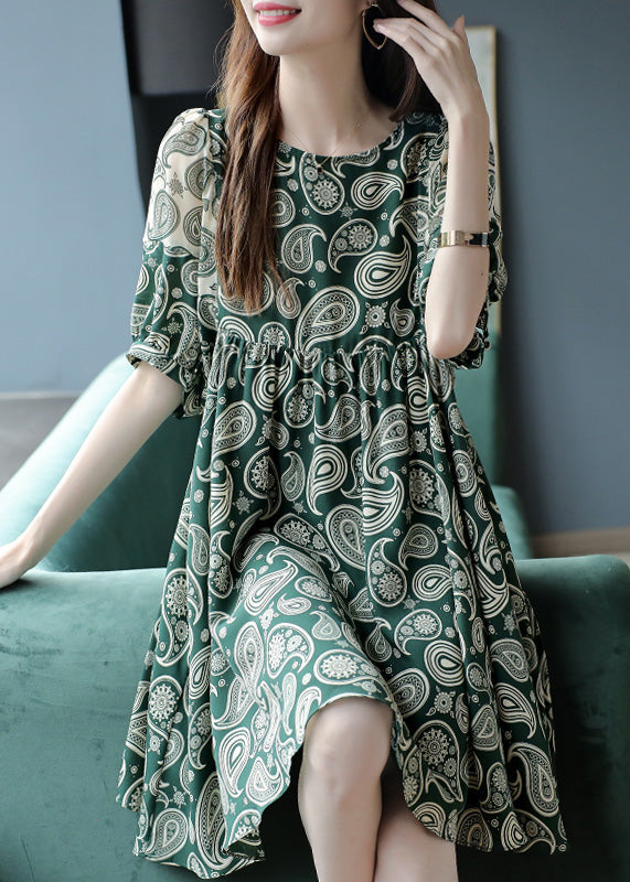 Green O-neck Print Chiffon Mid Dress Summer