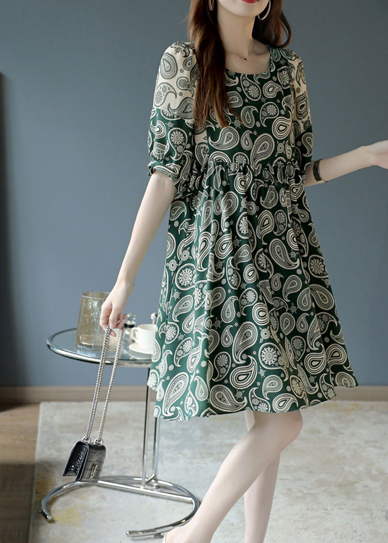 Green O-neck Print Chiffon Mid Dress Summer