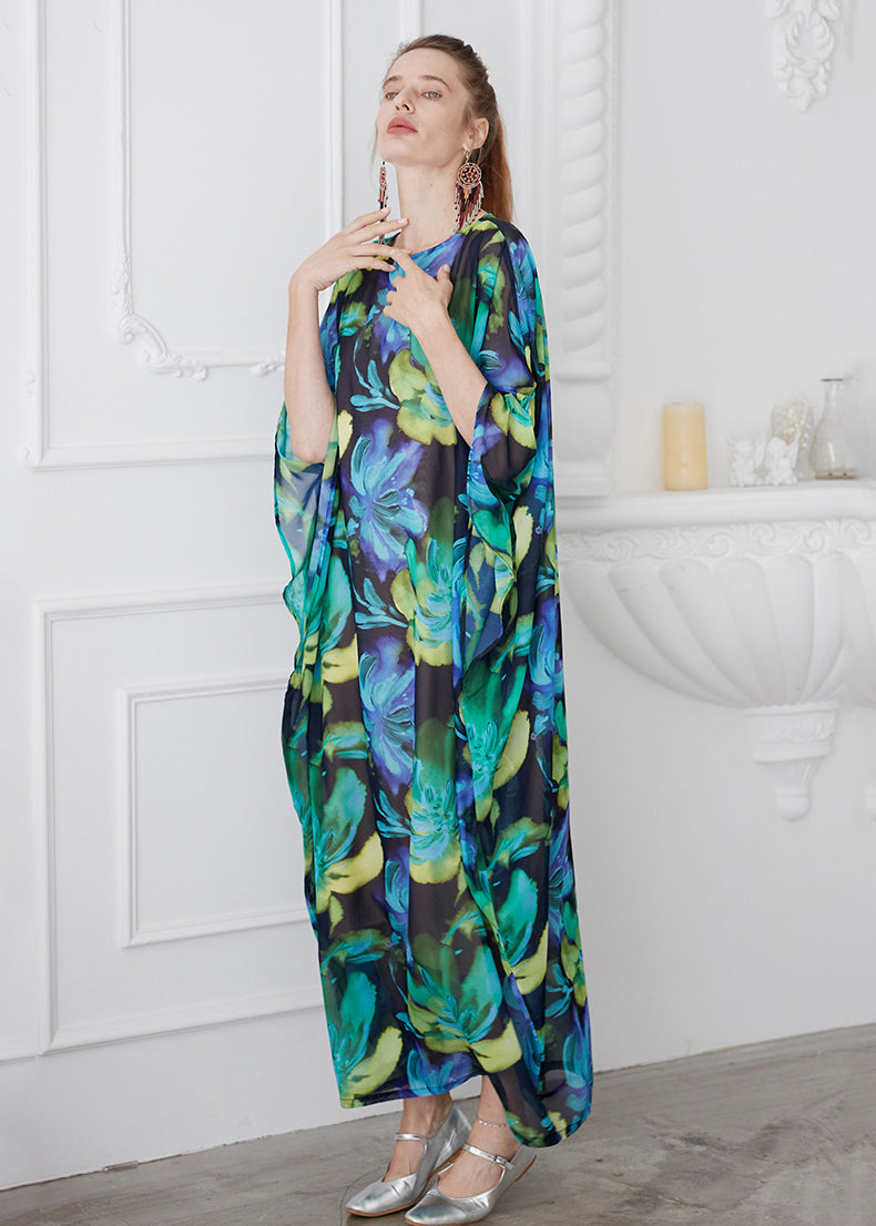 Green O Neck Print Chiffon Robe Dress Summer