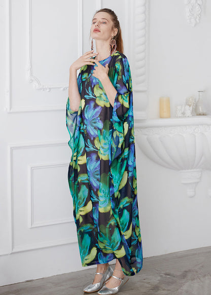 Green O Neck Print Chiffon Robe Dress Summer