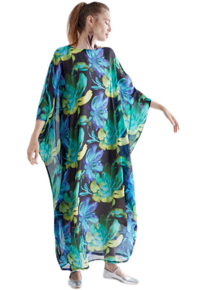 Green O Neck Print Chiffon Robe Dress Summer
