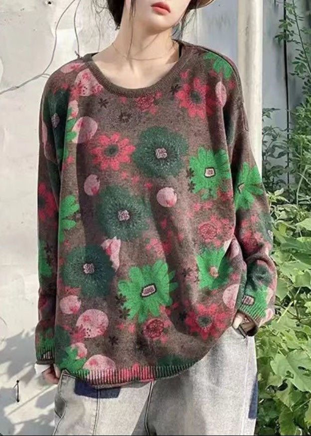 Green O-neck Print Knit Sweater Tops Winter