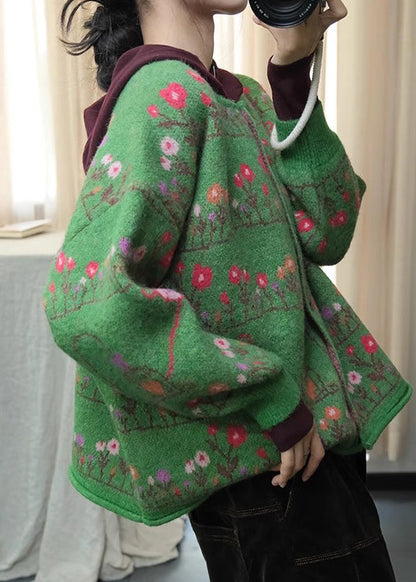 Green O Neck Print Loose Knit Cardigans Spring