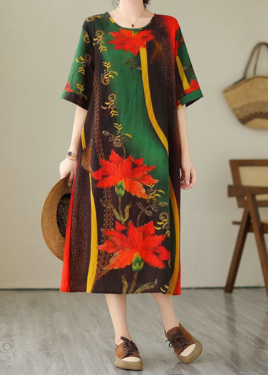 Green O Neck Print Patchwork Cotton Dress Summer