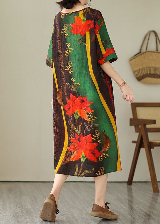 Green O Neck Print Patchwork Cotton Dress Summer