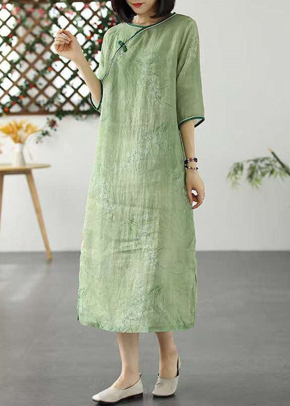 Green O Neck Print Patchwork Linen Dresses Summer