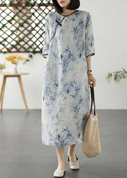 Green O Neck Print Patchwork Linen Dresses Summer