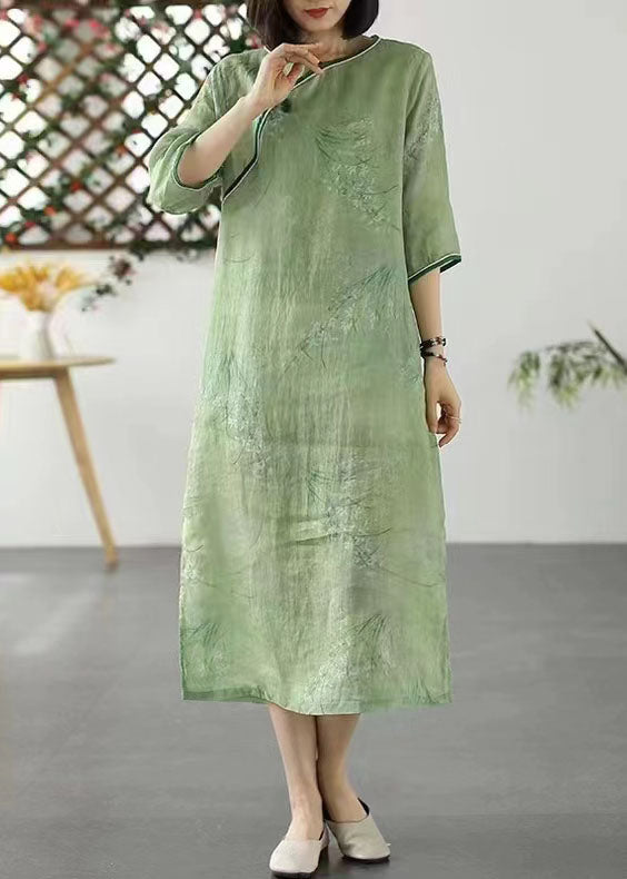 Green O Neck Print Patchwork Linen Dresses Summer