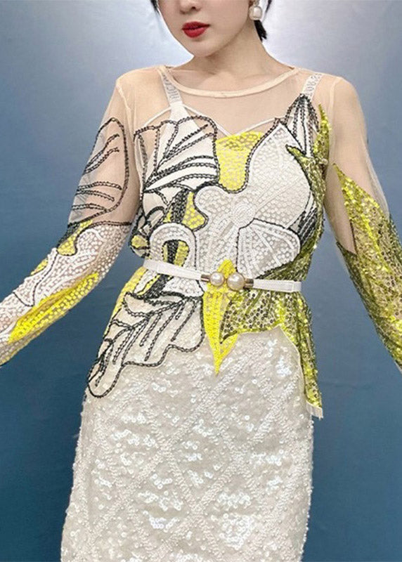 Green O-neck Print Sequins Thin Top Spring