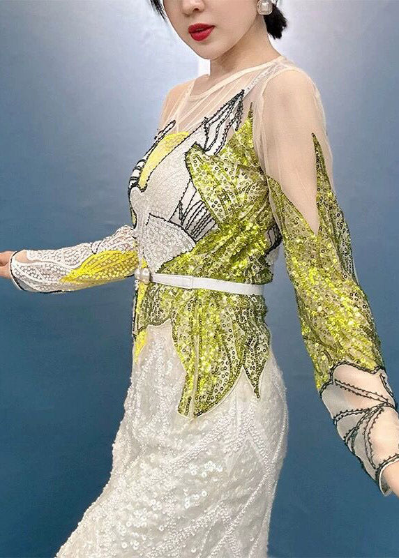 Green O-neck Print Sequins Thin Top Spring