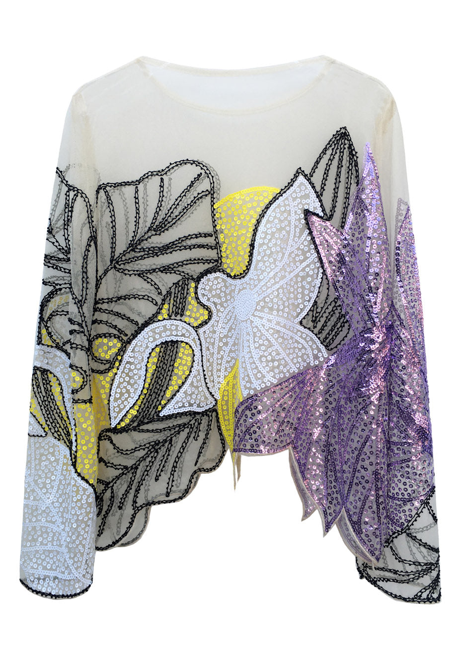 Bohemian Green O-Neck Print Sequins Thin Top Spring