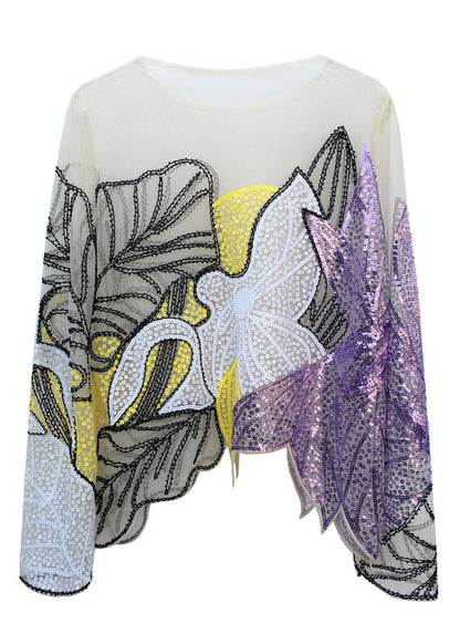 Bohemian Green O-Neck Print Sequins Thin Top Spring