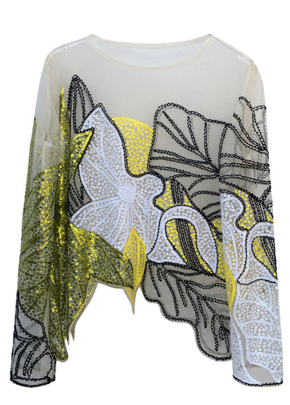Bohemian Green O-Neck Print Sequins Thin Top Spring