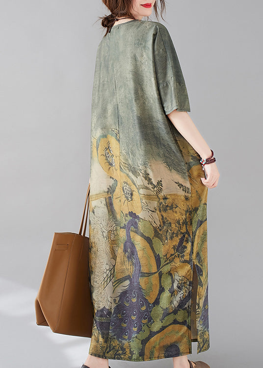 Green O-neck Print Side Open Long Dress Short Sleeve