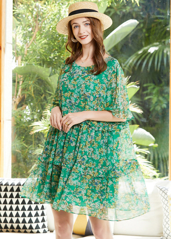 Green O-neck Ruffles Print Chiffon Holiday Dresses Flare Sleeve