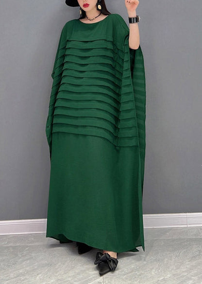 Blue O-neck Striped Chiffon Ankle Dress Batwing Sleeve