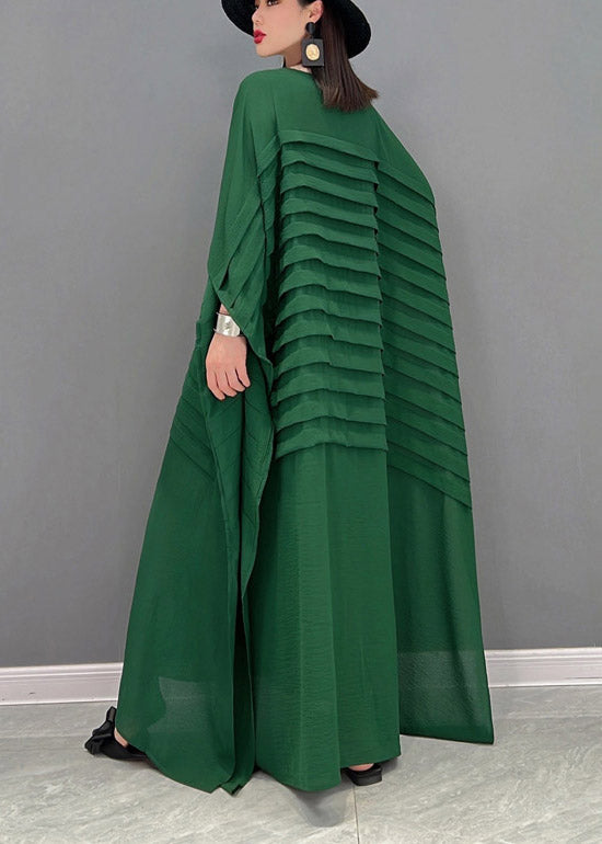 Grace Green O-neck Striped Chiffon Ankle Dress Batwing Sleeve
