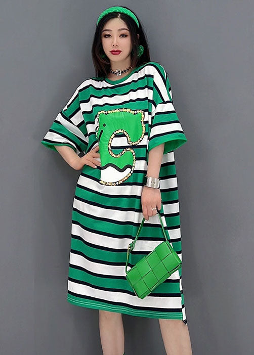 Green O-neck Striped Print Cotton Loose Dresses Short Sleeve