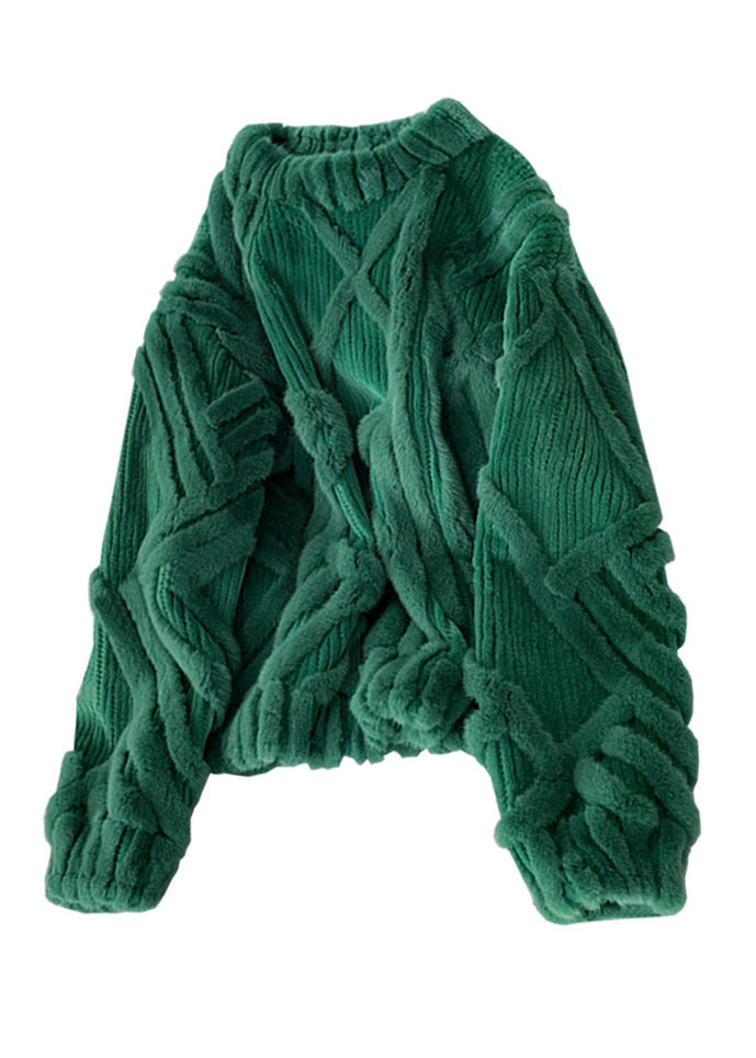 Green O-neck Thick Cable Knit Sweater Fall