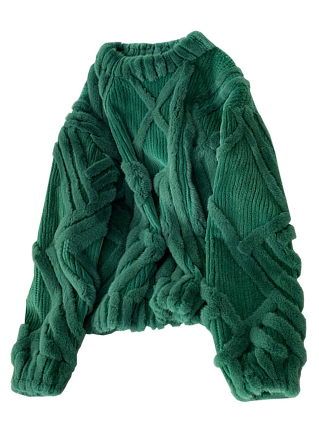 Green O-neck Thick Cable Knit Sweater Fall