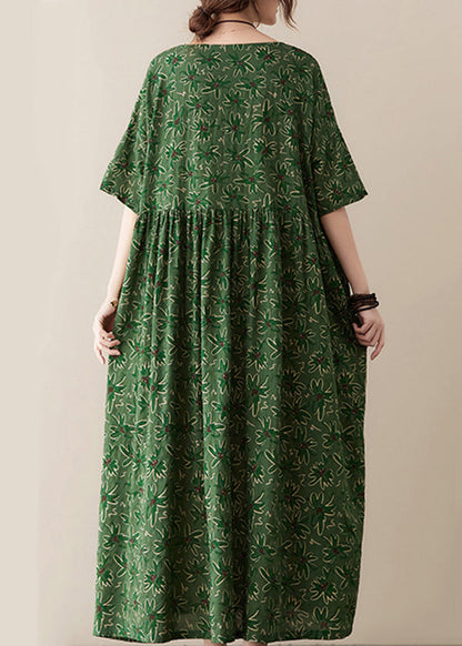 Green O-neck Wrinkled Exra Large Hem Print Cotton Long Dress Summer