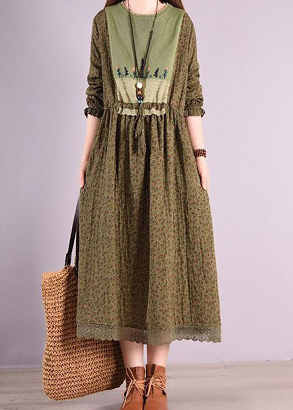 Green O Neck Wrinkled Print Patchwork Linen Long Dress Spring