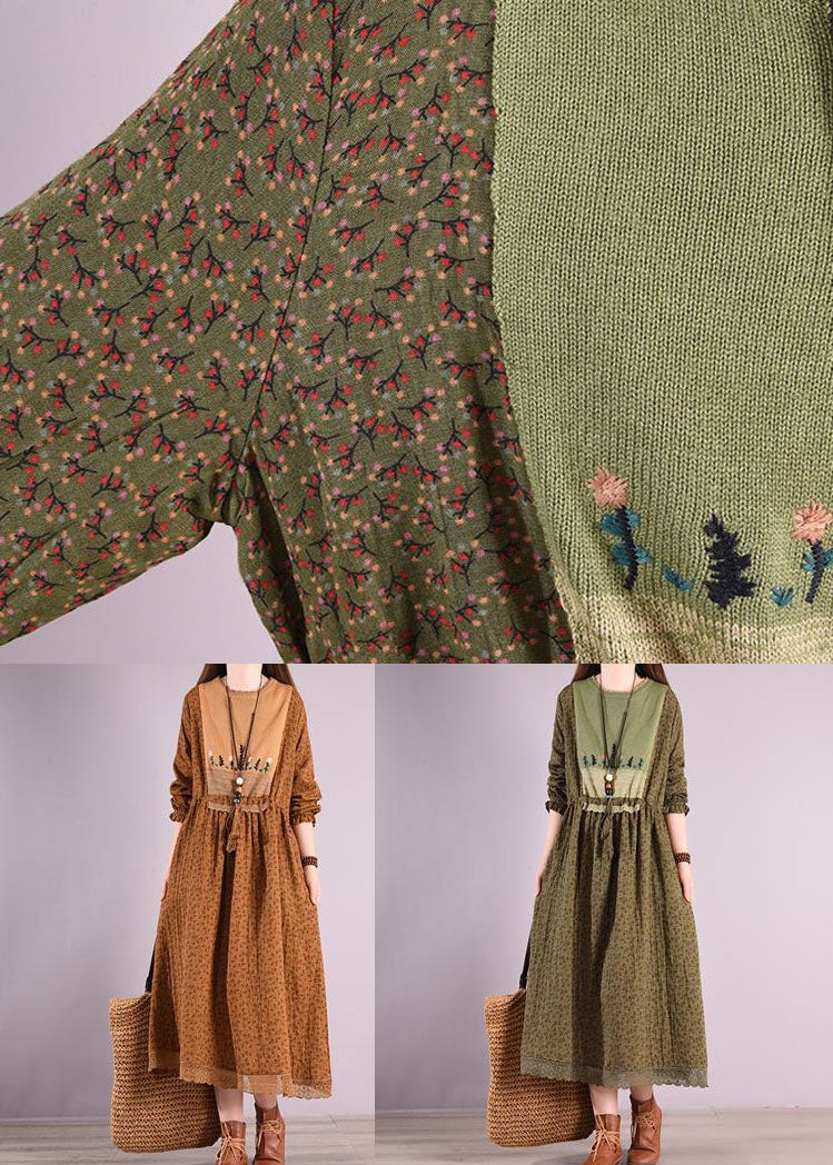 Green O Neck Wrinkled Print Patchwork Linen Long Dress Spring