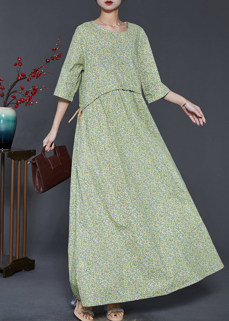 Green Oversized Print Drawstring Cotton Dress Summer
