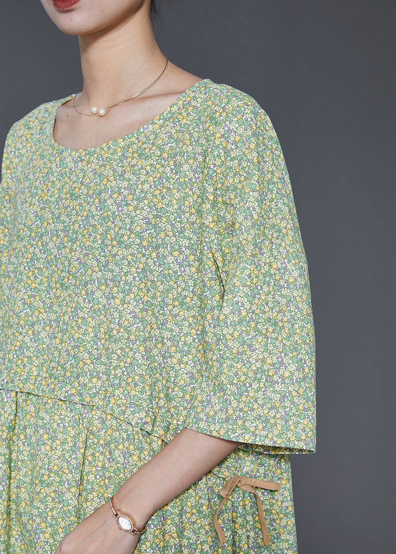 Green Oversized Print Drawstring Cotton Dress Summer