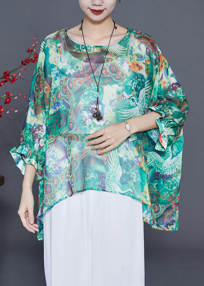 Green Oversized Print Silk Tops Batwing Sleeve