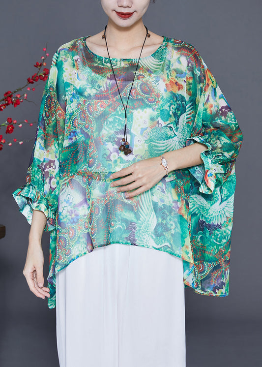 Green Oversized Print Silk Tops Batwing Sleeve
