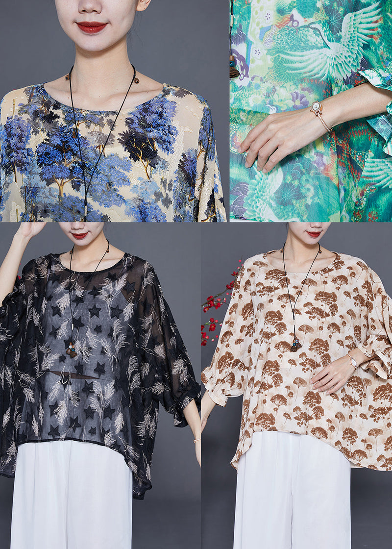 Green Oversized Print Silk Tops Batwing Sleeve
