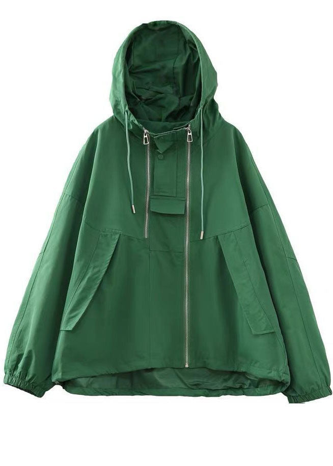 Green Oversized Zippered Drawstring Cotton Hooded Coat Long Sleeve