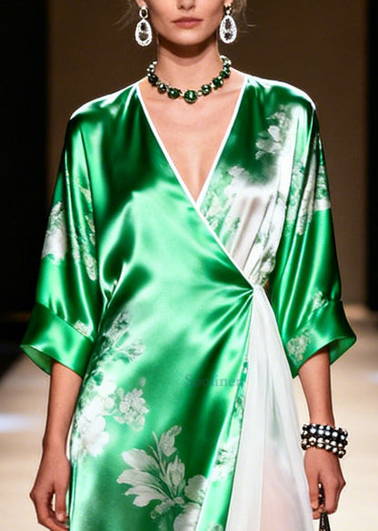 Green Patchwork Exra Large Hem Silk Vacation Dresses Summer