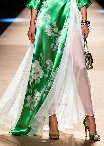 Green Patchwork Exra Large Hem Silk Vacation Dresses Summer