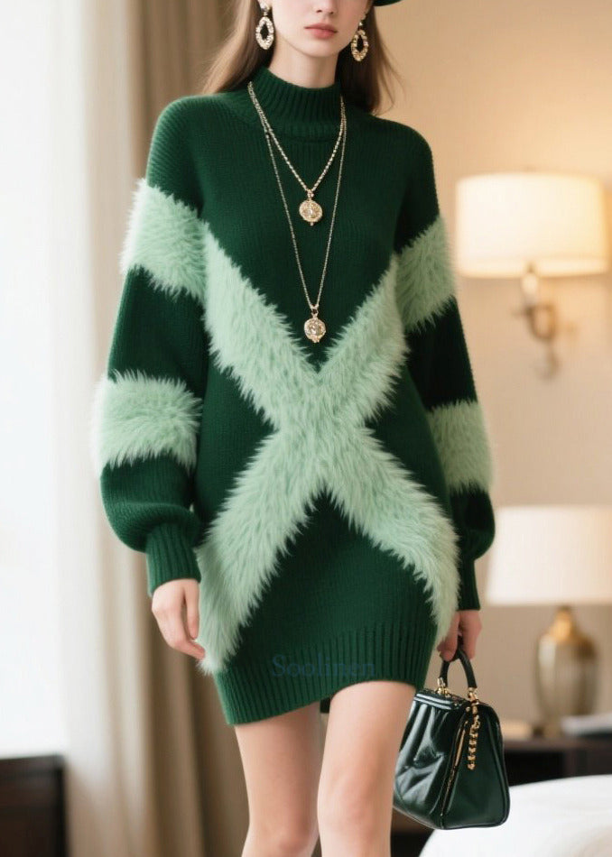 Green Patchwork Faux Fur Knitwear Dress Winter