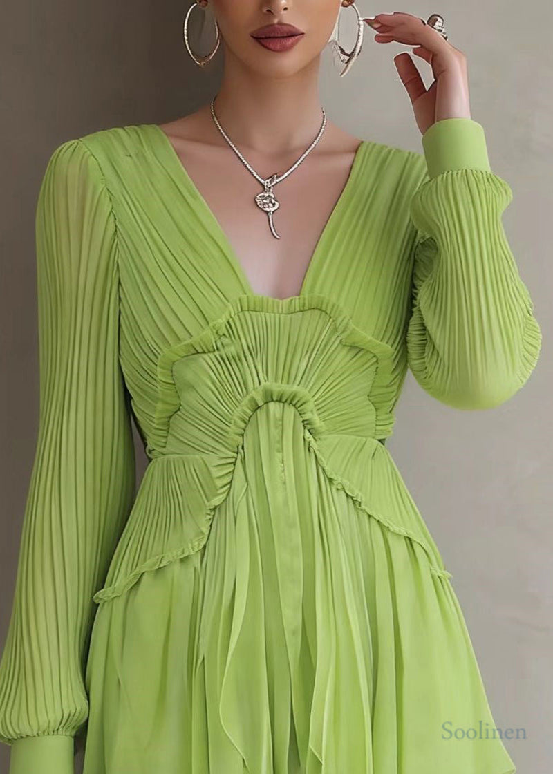 Green Patchwork Wrinkled Mid Dresses Lantern Sleeve