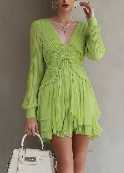 Green Patchwork Wrinkled Mid Dresses Lantern Sleeve