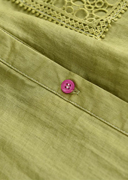 Green Peter Pan Collar Drawstring Button Linen Shirt Top Short Sleeve