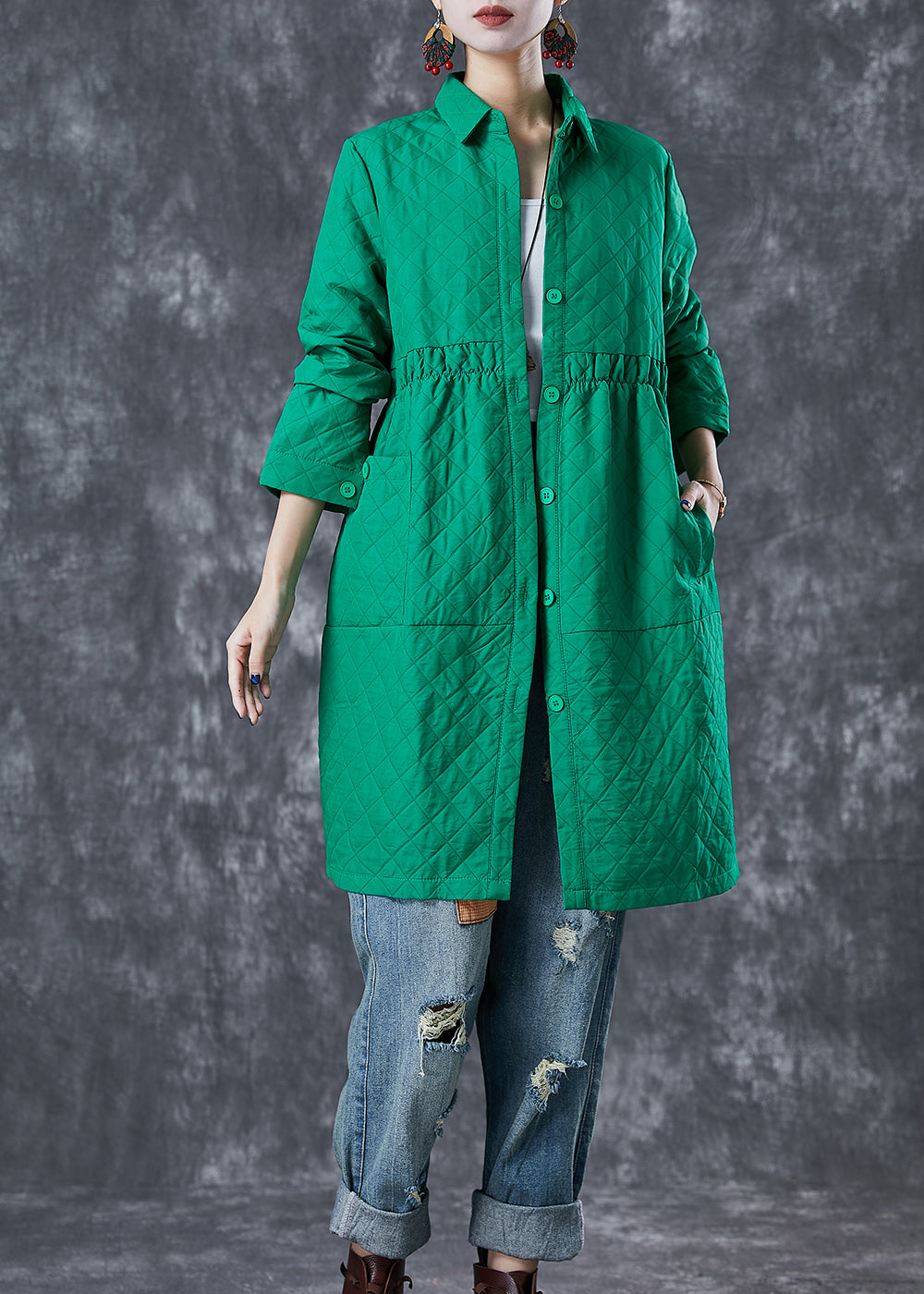 Green Peter Pan Collar Plaid Cotton Coat Fall